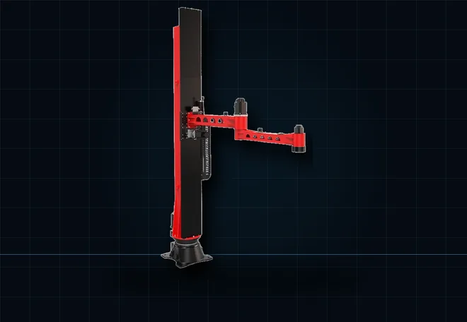 Long-reach red industrial handling robot