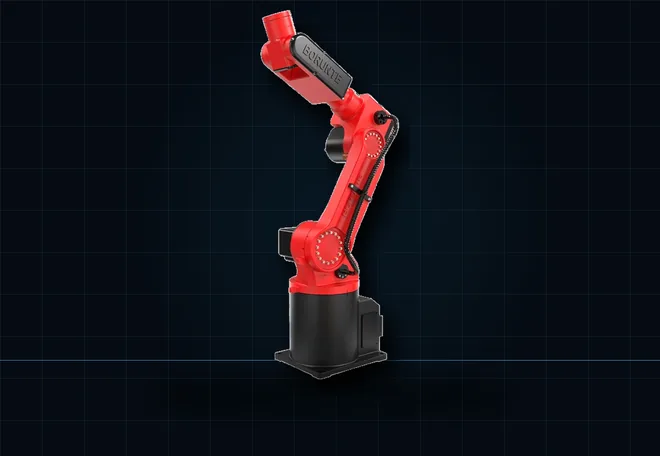 Compact red six-axis industrial robot